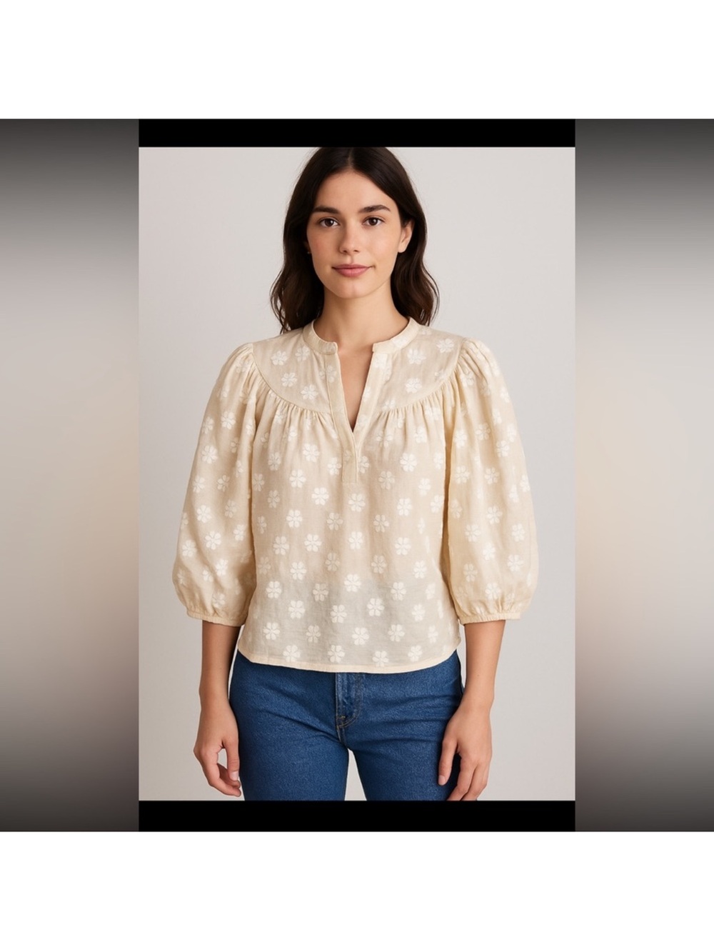 Corey Lynn Calter Cream Floral Embroidered Peasant Blouse